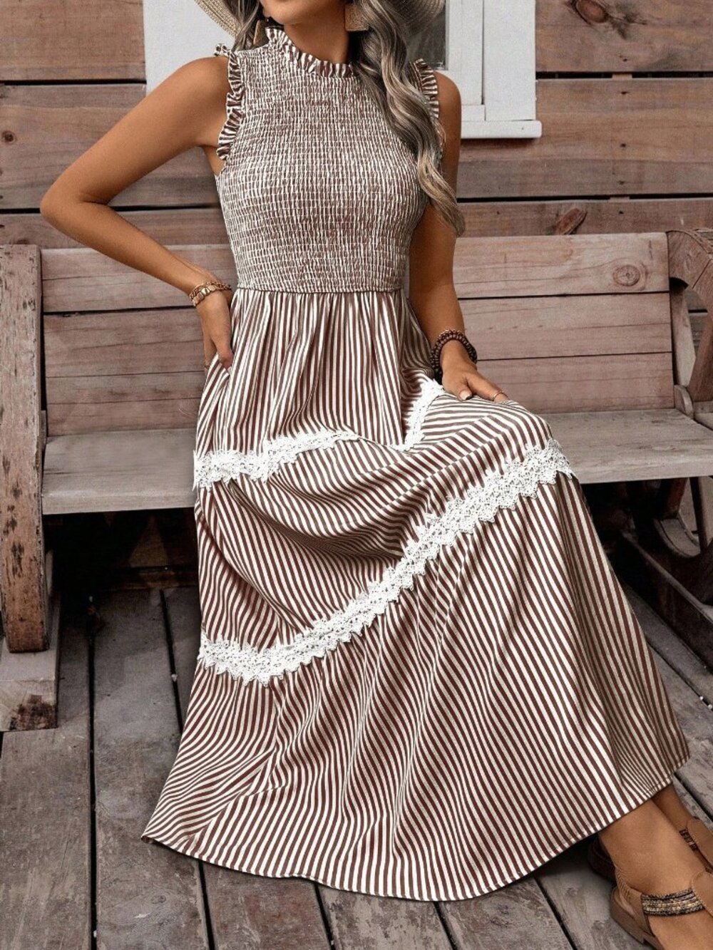 Brown Casual Women's Sleeveless Striped Frill Hem maxiDress - Picture 6 of 6